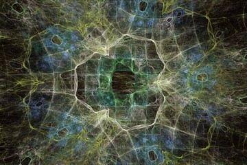 Multicolored pattern of crooked waves on a black background. Abstract fractal 3D rendering