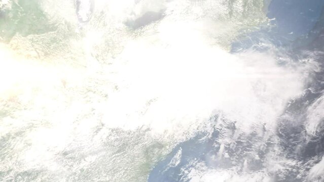 Earth zoom in from outer space to city. Zooming on Salem, Virginia, USA. The animation continues by zoom out through clouds and atmosphere into space. Images from NASA