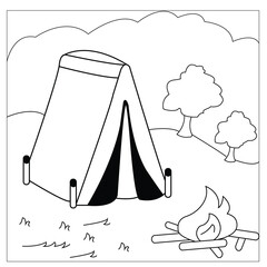 Vector Camping Coloring Page For Kids-Tent Stock Illustrations Camping Activities