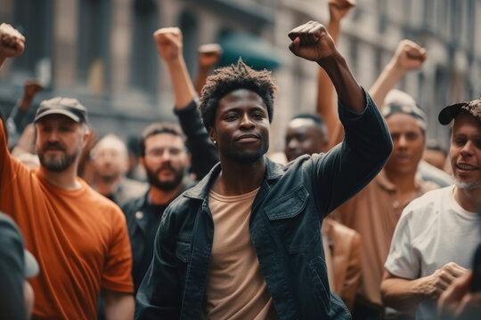 Generative AI illustration of confident young African American male standing with raised fist against crowd during protest on street