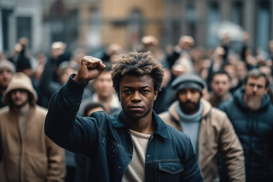 Generative AI illustration of confident young African American male standing with raised fist against crowd during protest on street