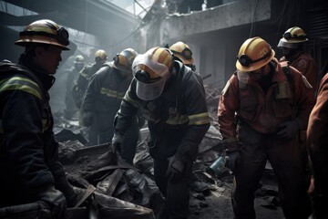 Firefighters Rescue Survivors from Rubble.Courageous firefighters work tirelessly to save lives after an earthquake. Generative AI