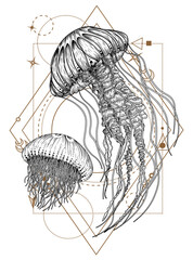 Vector illustration of 2 jellyfish in engraving style on a mystical geometric background © Viktoriia Holovko