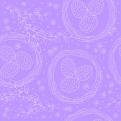 Seamless Easter background with eggs in the nest and floral elements. Easter eggs on a light purple background