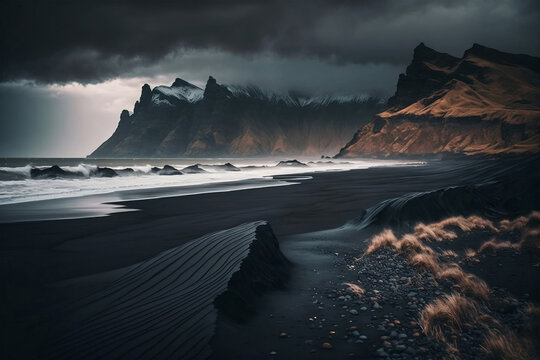 black sand beach, generative ai
