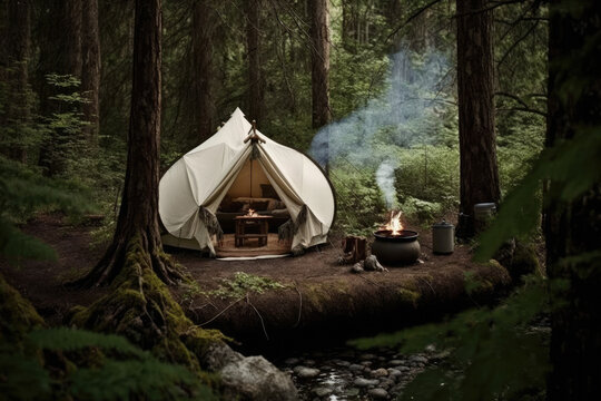Generative AI illustration of opened camping tent placed near burning fire in green forest with lush trees and plants in nature
