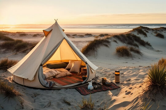 Generative AI illustration of opened camping tent with cushions and blanket placed on sandy terrain near dry grass against sunset sky