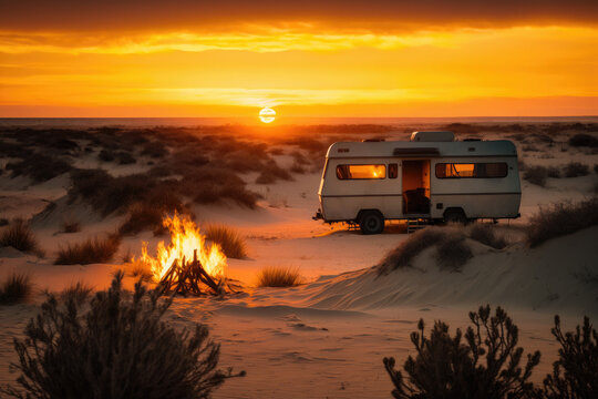 Generative AI illustration of caravan parked on sandy terrain with dry vegetation and burning bonfire against bright sundown sky in nature