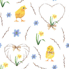 Willow heart wreath chicken and seamless watercolor pattern for easter holiday natural yellow with little blue flowers