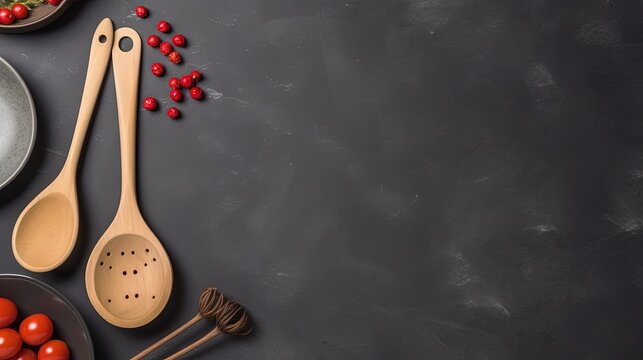 Copyspace background with kitchen decor. Wallpaper template created using generative AI Tools.