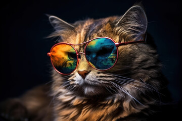 Naklejka premium Cat wearing colorful sunglasses on black background. Pet. illustration, generative AI.