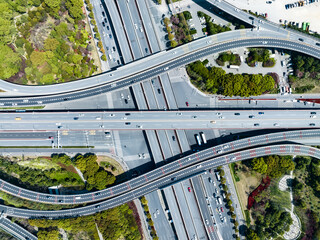 Aerial top view of highway multilevel junction road