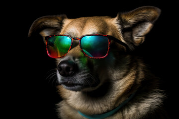 Dog wearing colorful sunglasses on black background. Pet. illustration, generative AI.
