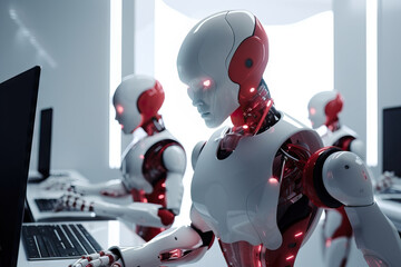 Generative AI image of group of robots sitting at table and working on laptops while looking at screen in modern office and using artificial intelligence