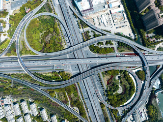 Aerial top view of highway multilevel junction road - 589156332