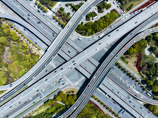 Aerial top view of highway multilevel junction road