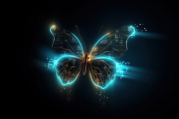 Butterfly with light that is in the digital world on a dark background. Insect. illustration, generative AI.
