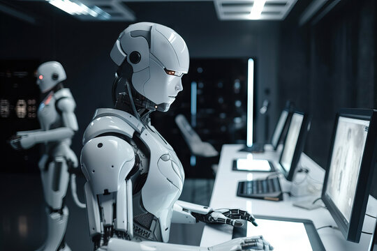 Generative AI image of group of robots sitting at table and working on laptops while looking at screen in modern office and using artificial intelligence