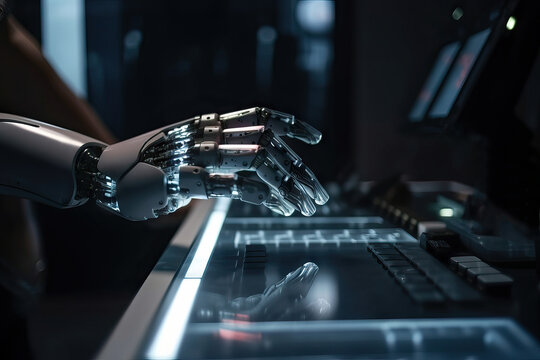 Generative AI image of unrecognizable model of futuristic robot sitting at desk and using fingers near computer monitor for measuring and monitoring programmed jobs