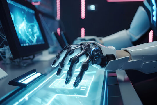 Generative AI image of unrecognizable model of futuristic robot sitting at desk and using fingers near computer monitor for measuring and monitoring programmed jobs