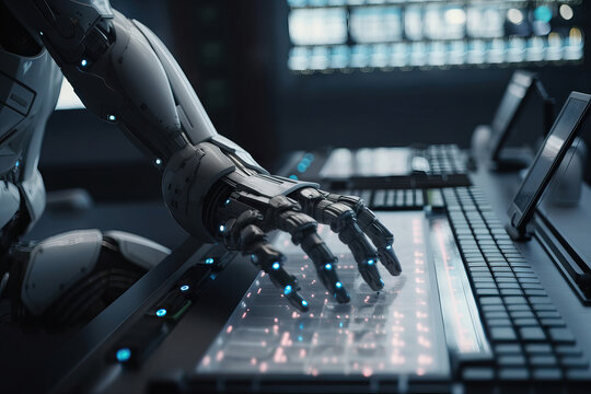 Generative AI image of unrecognizable model of futuristic robot sitting at desk and using fingers near computer monitor for measuring and monitoring programmed jobs