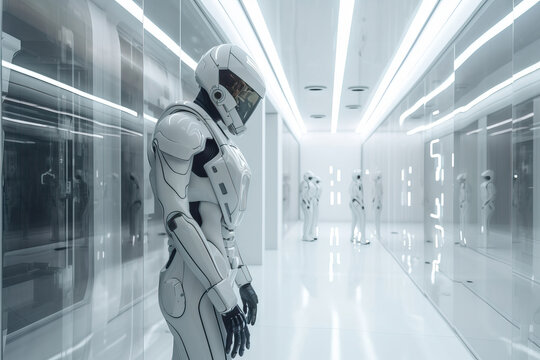Generative AI image of robots with helmets standing in illuminated room and safe guarding while securing office building with glass walls during research work
