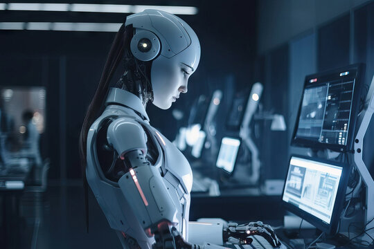 Generative AI image of humanoid female model robot standing and working with machines in office