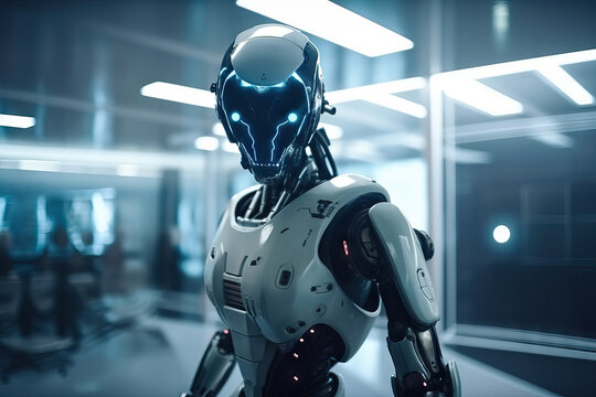 Generative AI image of cyborg robot in helmet looking at camera while standing in illuminated and blurred office during security vigil checks