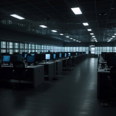 Naklejka na ściany i meble one hundred empty cubicles in a very dark office floor with one computer screen lit and a lone office worker. Generative AI.