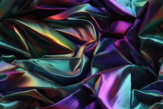 Generative AI image of abstract iridescent shiny fabric with neon texture and wrinkled material placed in light on hard surface