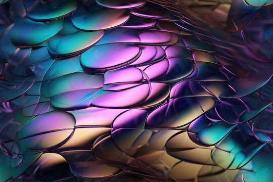 Generative AI illustration of abstract background with shiny blue surface with curved lines and many different shaped circles