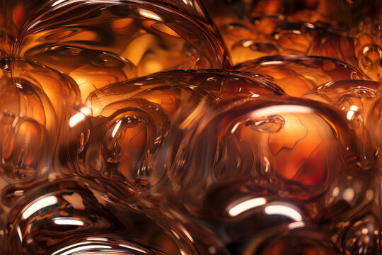 Generative AI image of closeup of shiny round shaped amber colored oil drops on transparent surface with reflecting bubbles against light background