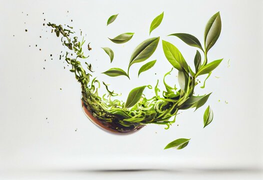 Green Tea Leaves Vividly Soaring Into The Air Against A White Background. Concept Of Levitating Food. High Quality Image. Generative AI