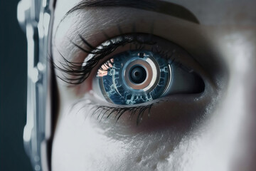 Generative AI illustration of futuristic woman cyborg with blue light on eye scanning retina checking information while looking away