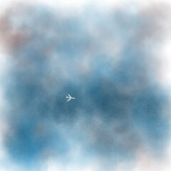 Passenger white plane flies through the clouds in the sky. In flight, the steel bird leaves a trail of fuel in thin evaporating jets.
