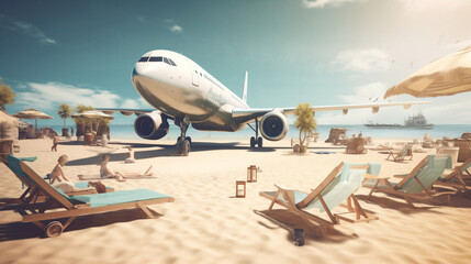 summer, beach, Beach loungers, swimming pool, travel, luggage, sunny,airplane in the sky. Generative AI.