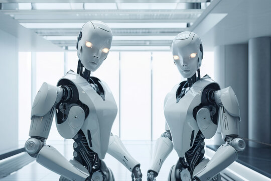 Generative AI illustration of side view of white futuristic robots standing and looking at camera in modern light room