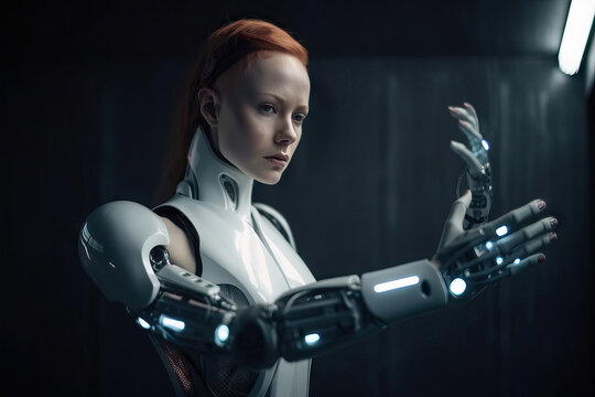 Generative AI illustration of futuristic woman cyborg with illuminated arms standing in dark room