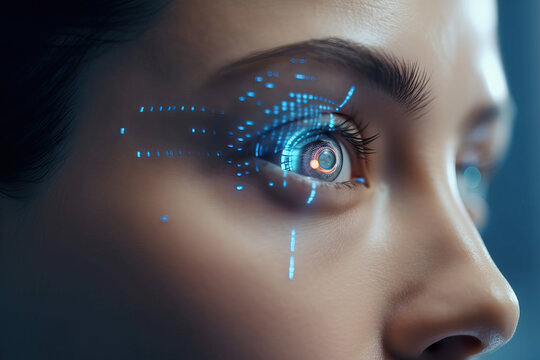 Generative AI illustration of futuristic woman cyborg with blue light on eye scanning retina checking information while looking away