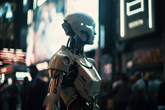 Generative AI illustration of futuristic female robot looking away while standing on city street against blurred background at evening
