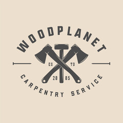 Vintage retro woodwork carpentry mechanic emblem, logo, badge, label. mark, poster or print. Monochrome Graphic Art. Vector