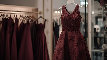 A midsize evening dress of short length is on display on a stand in a dress shop, suitable for a wedding event. Generative AI.