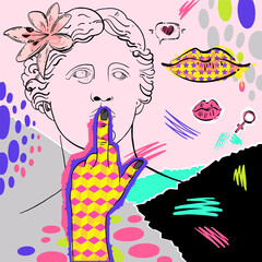 Vector abstract illustration. Trippy background in collage technique. Illustration of Greek statue of Venus de Milo in creative psychedelic style. Fashion art.