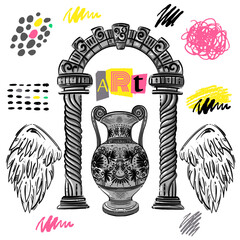 Vector abstract set with greek arch, vase and wings. Art collage. hand drawing
