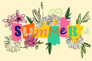 Vector abstract summer background with flowers. Banner in collage style. Hand drawing.