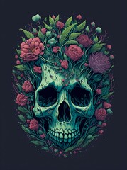 Moss covered Skull. AI generated illustration
