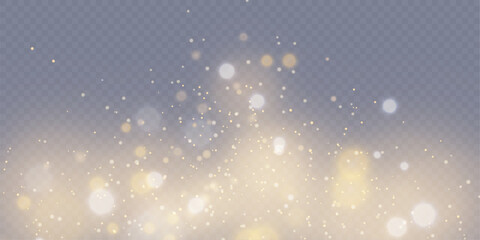 Vector light effect of glare of shimmering particles falling on a transparent background for festive design and illustrations.