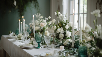 Wedding table decor in white and green tones. Generative AI.