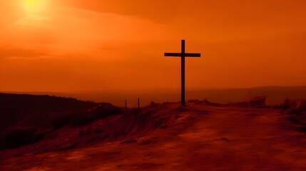 Jesus and cross on Golgotha hill, red sky, sunset, dawn, christ