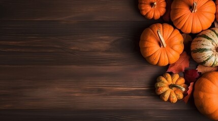 Copyspace background with pumpkin decor. Wallpaper template created using generative AI Tools.